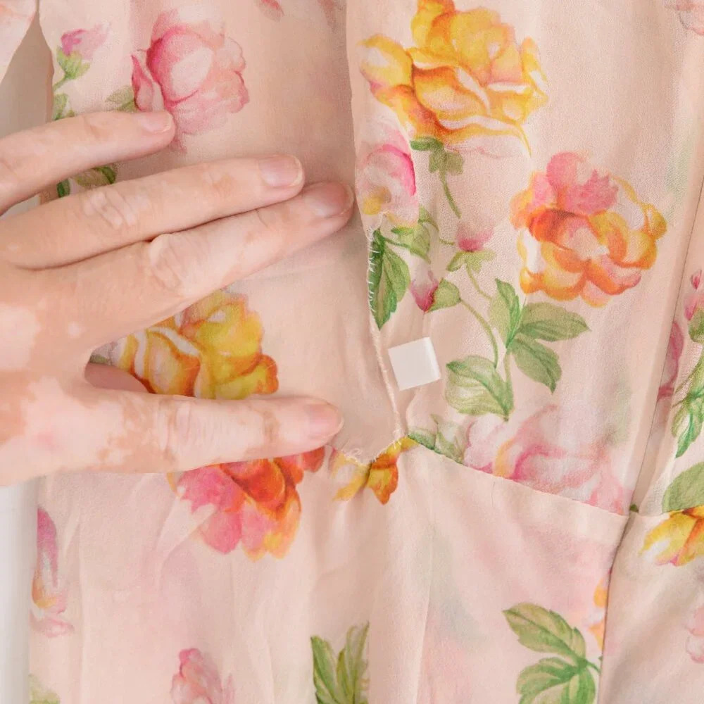 Kooples Antique Pink Floral 100% Silk Puff Sleeve Button Down Slip Midi Dress - Picture 13 of 14